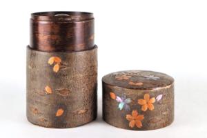 Cherry bark tea canister frost & mother-of-pearl petals (S)