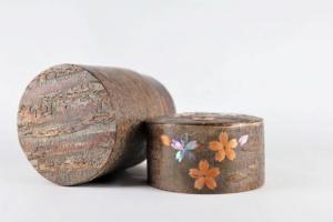 Cherry bark tea canister frost & mother-of-pearl petals (S)